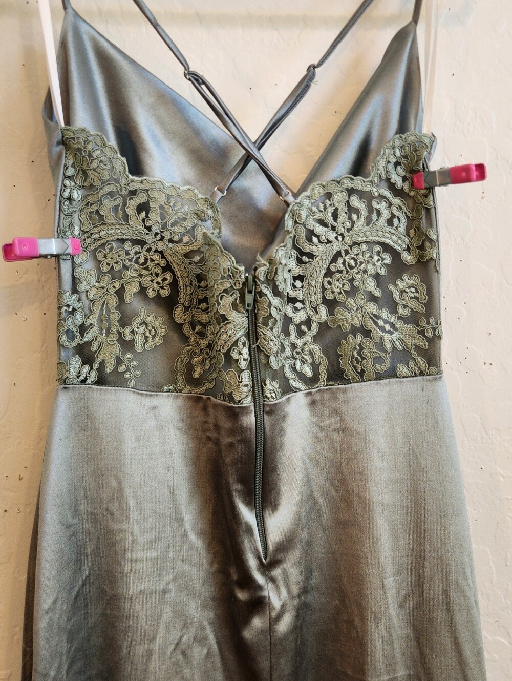 Windsor Satin Slip Dress with Olive Lace Accents